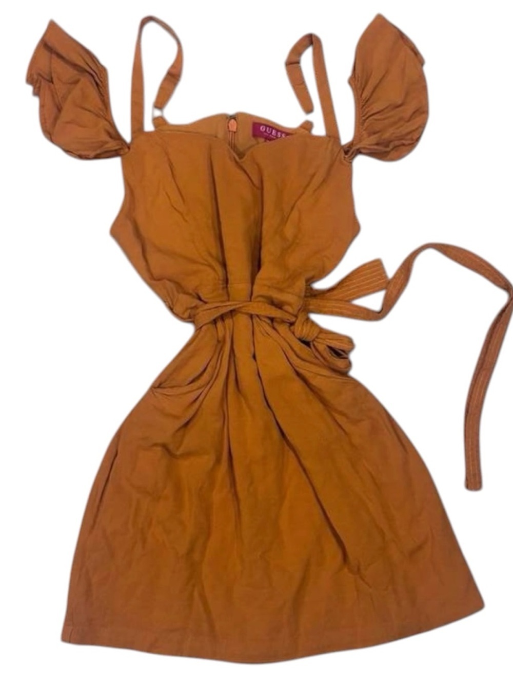 GUESS Rust Orange Puff Sleeve Tie Waist Mini Dress Cottagecore Boho M